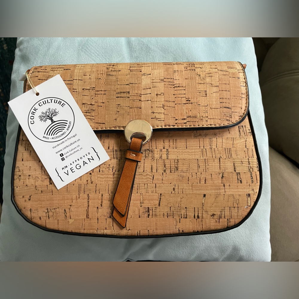 Cork Culture Vegan Crossbody or Shoulder Handbag with Tan Strap and Gold Accents